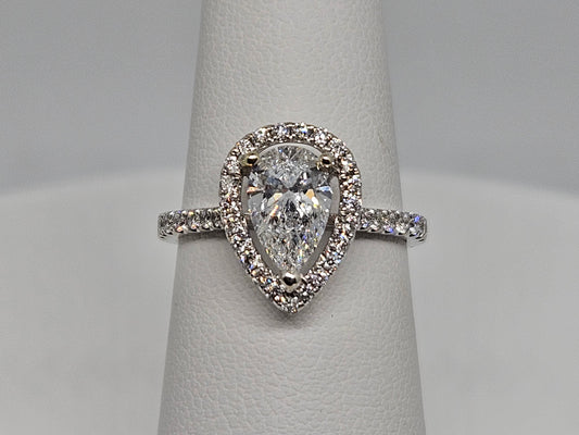 Pear Shape Halo Eng Ring 14KWG 1.5cttw 1ct D/VVS IGI