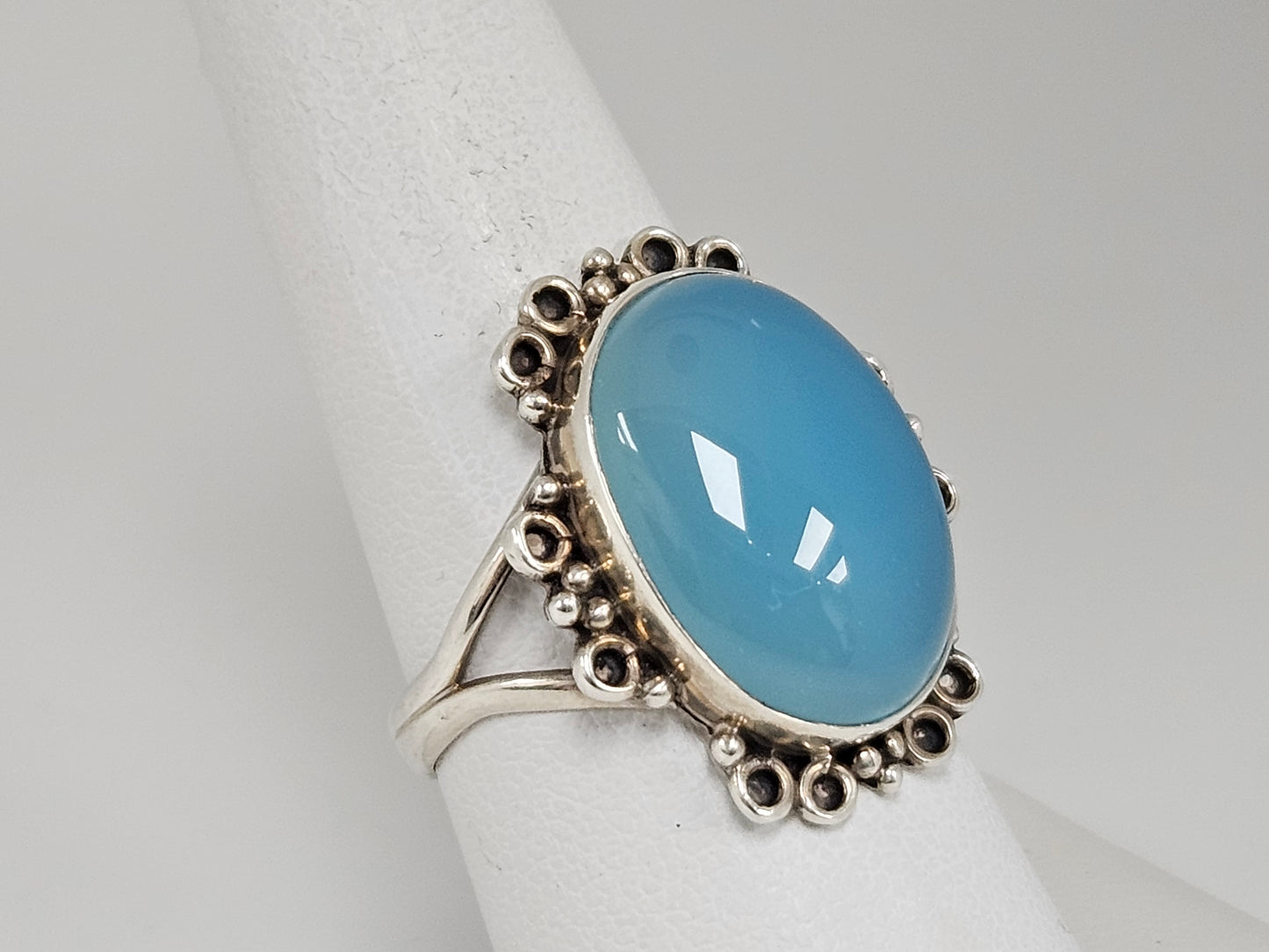 Chalcedony Cab Oval Ring SS Sz7.75