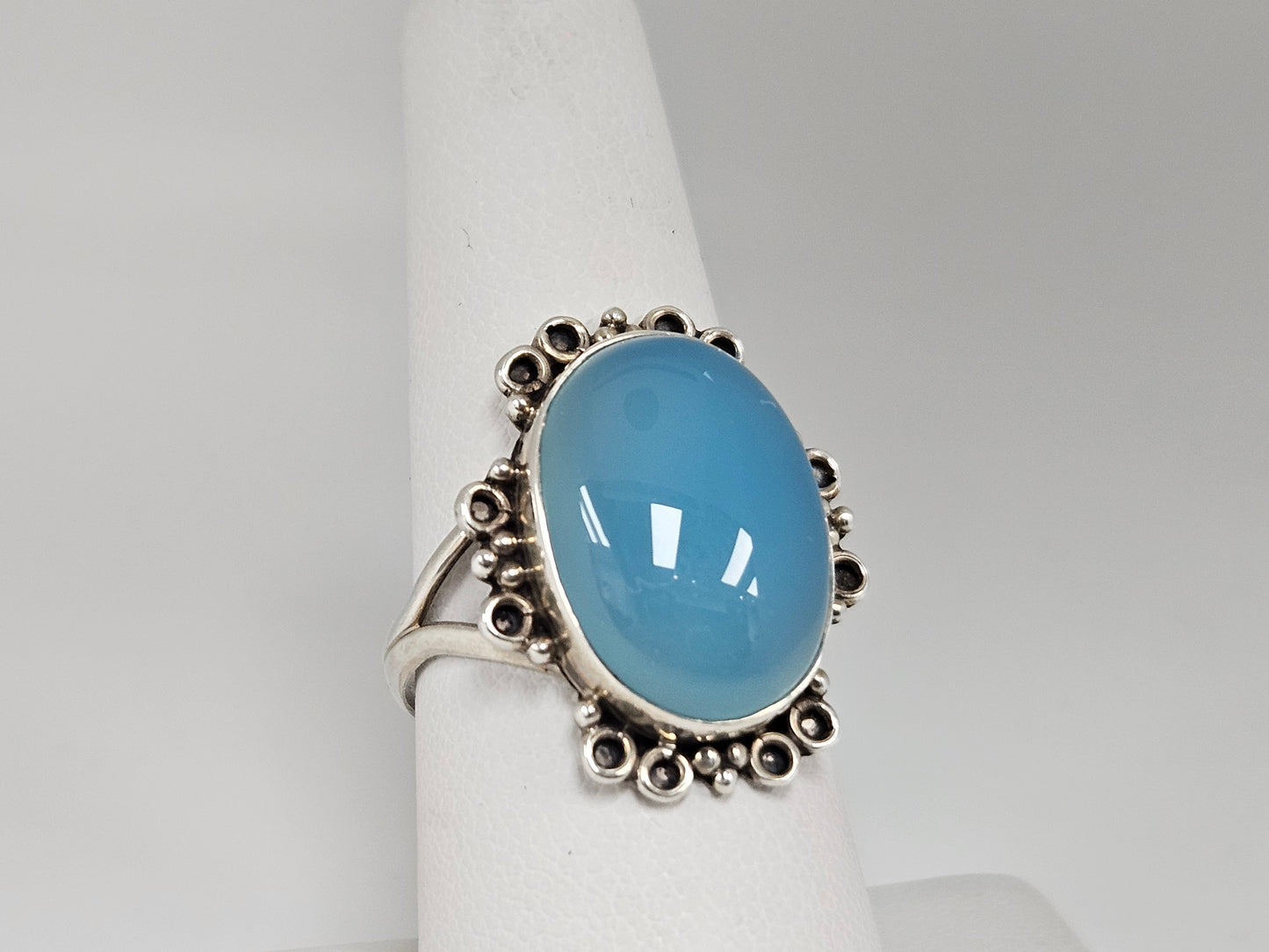 Chalcedony Cab Oval Ring SS Sz7.75