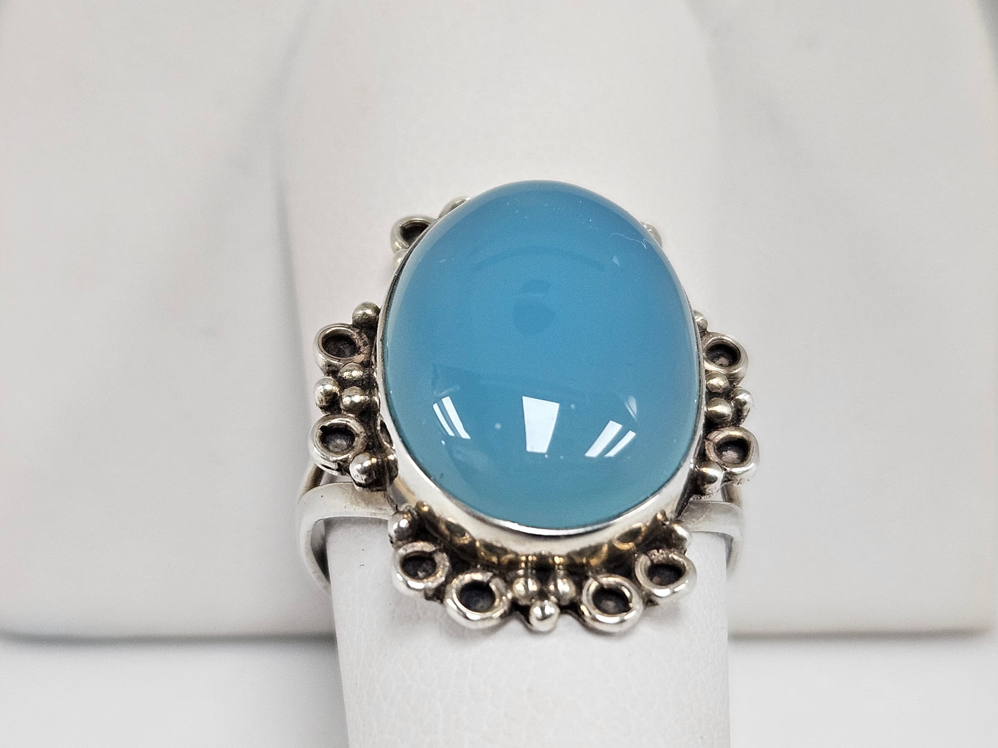 Chalcedony Cab Oval Ring SS Sz7.75