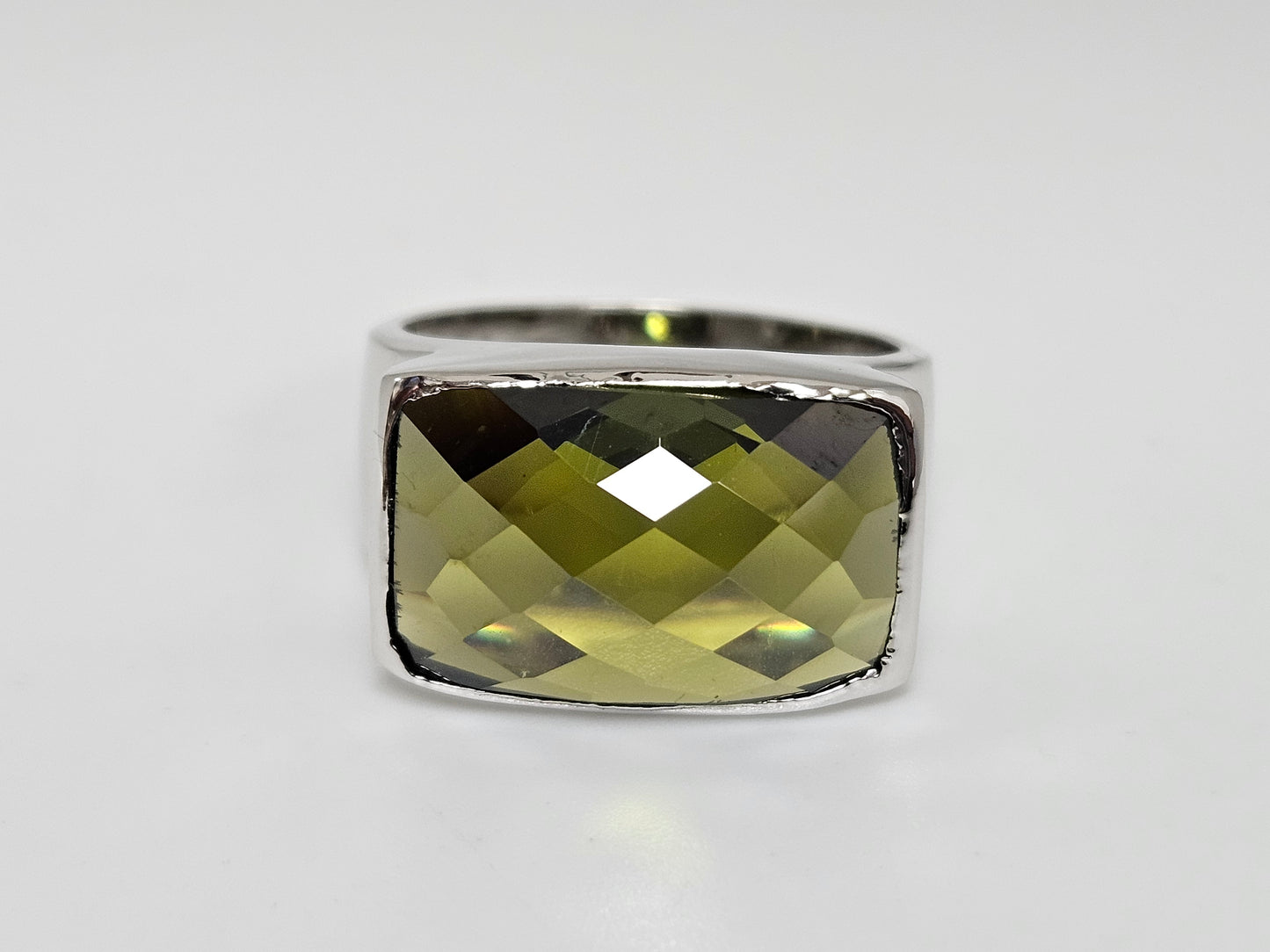 Sterling Silver CZ Green Cushion Stone Ring Sz7.5