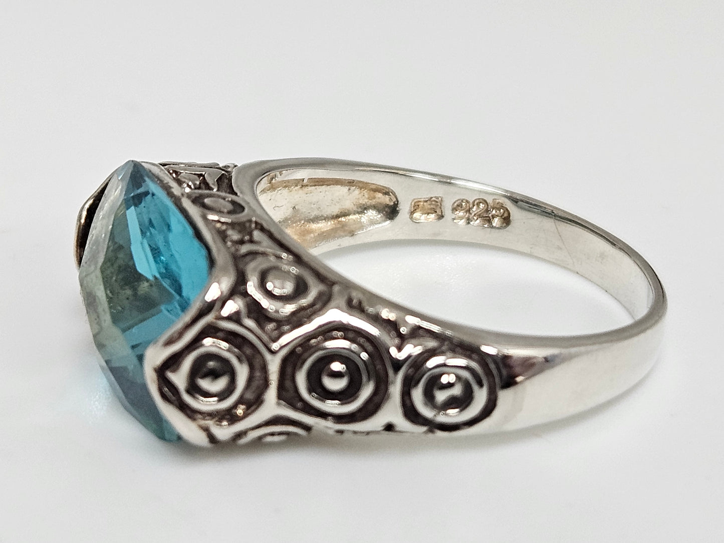 Sterling Silver 2 Tone Blue Checker Board Stone Ring Sz8