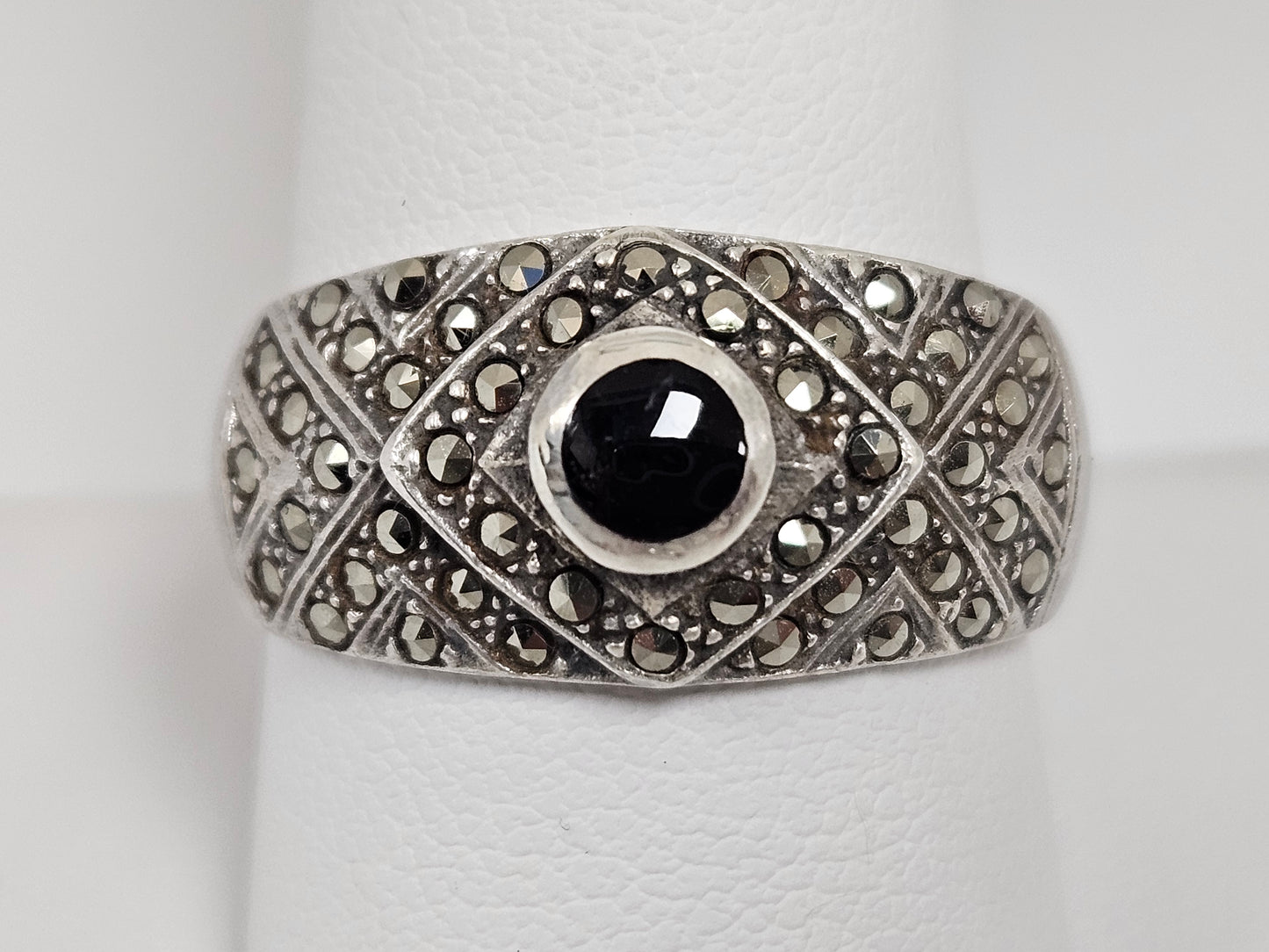 Sterling Silver Marquisate and Black Onyx Ring Sz10