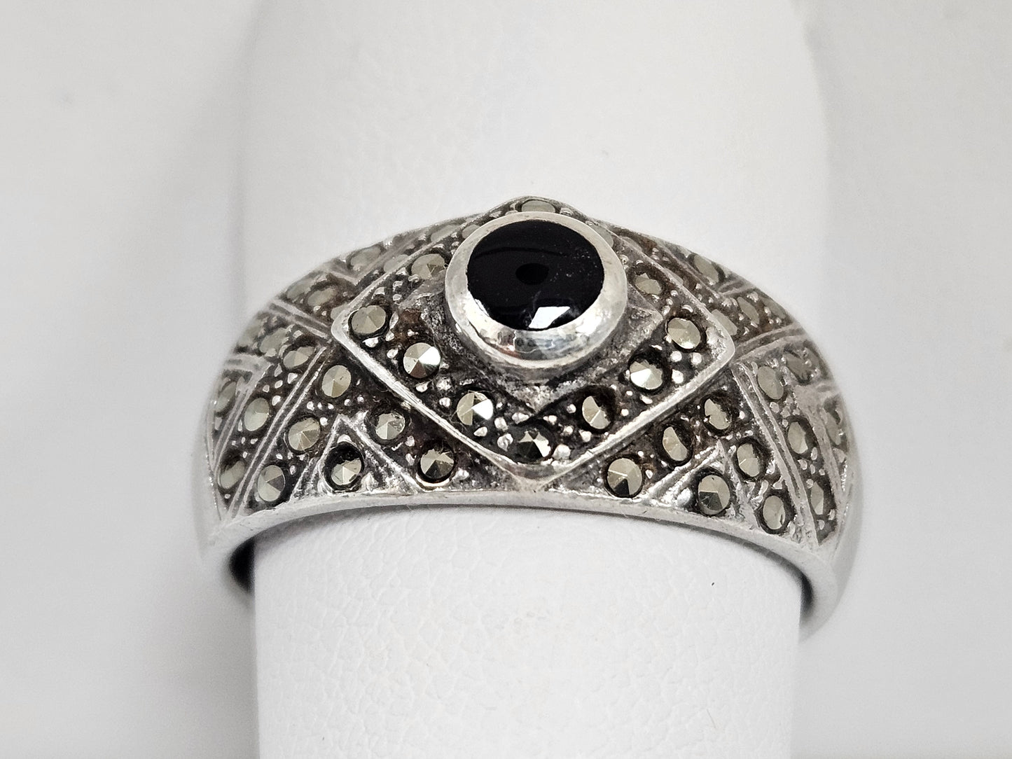 Sterling Silver Marquisate and Black Onyx Ring Sz10