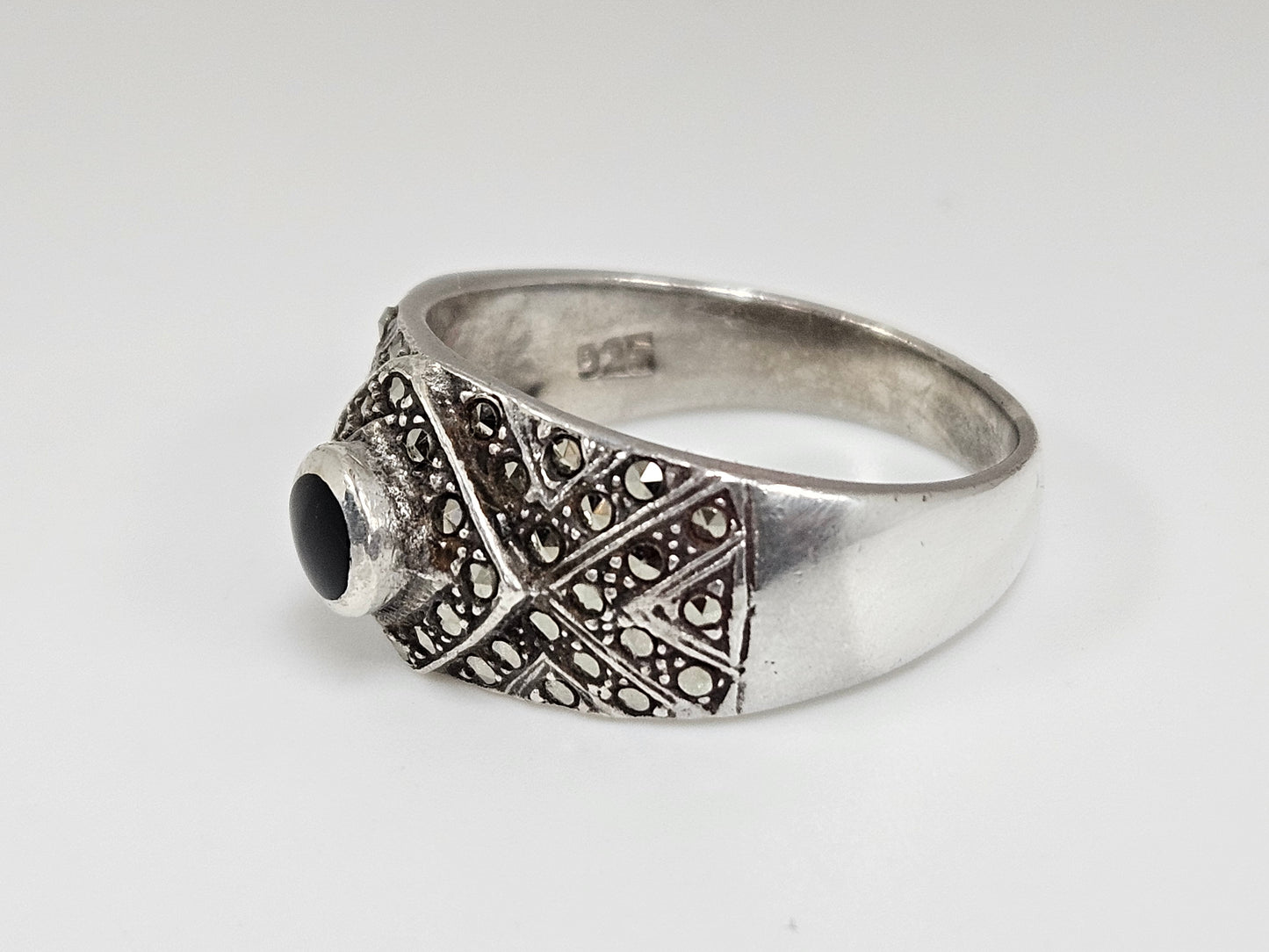 Sterling Silver Marquisate and Black Onyx Ring Sz10