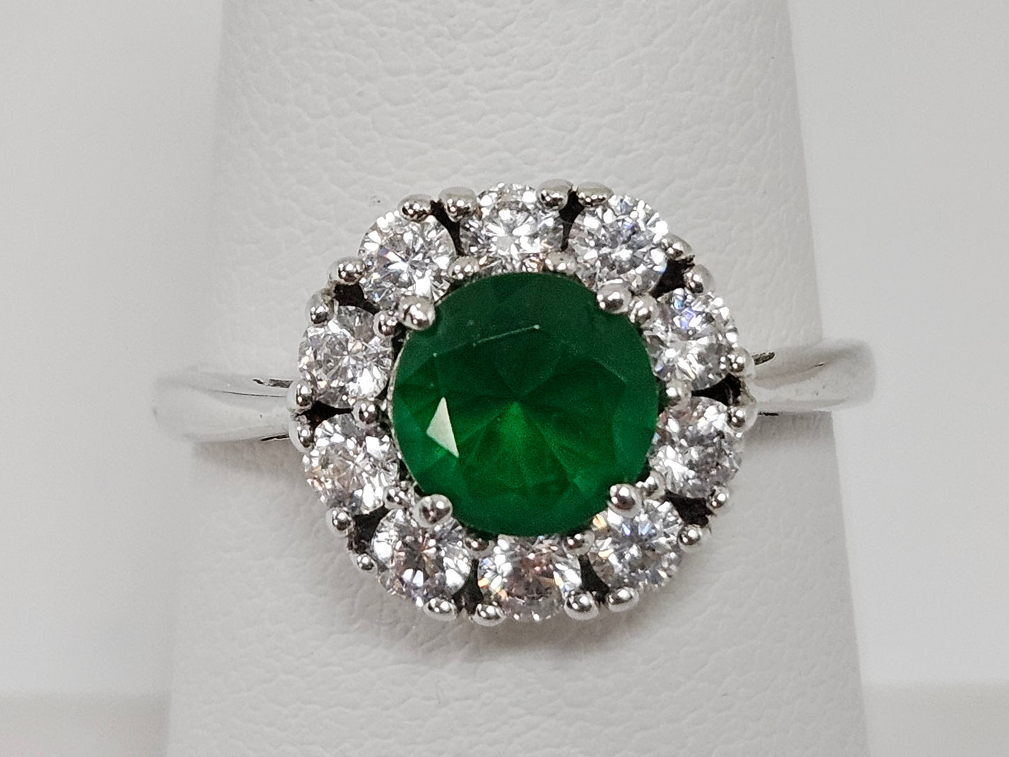 SS CZ Green Stone Halo Ring Sz7
