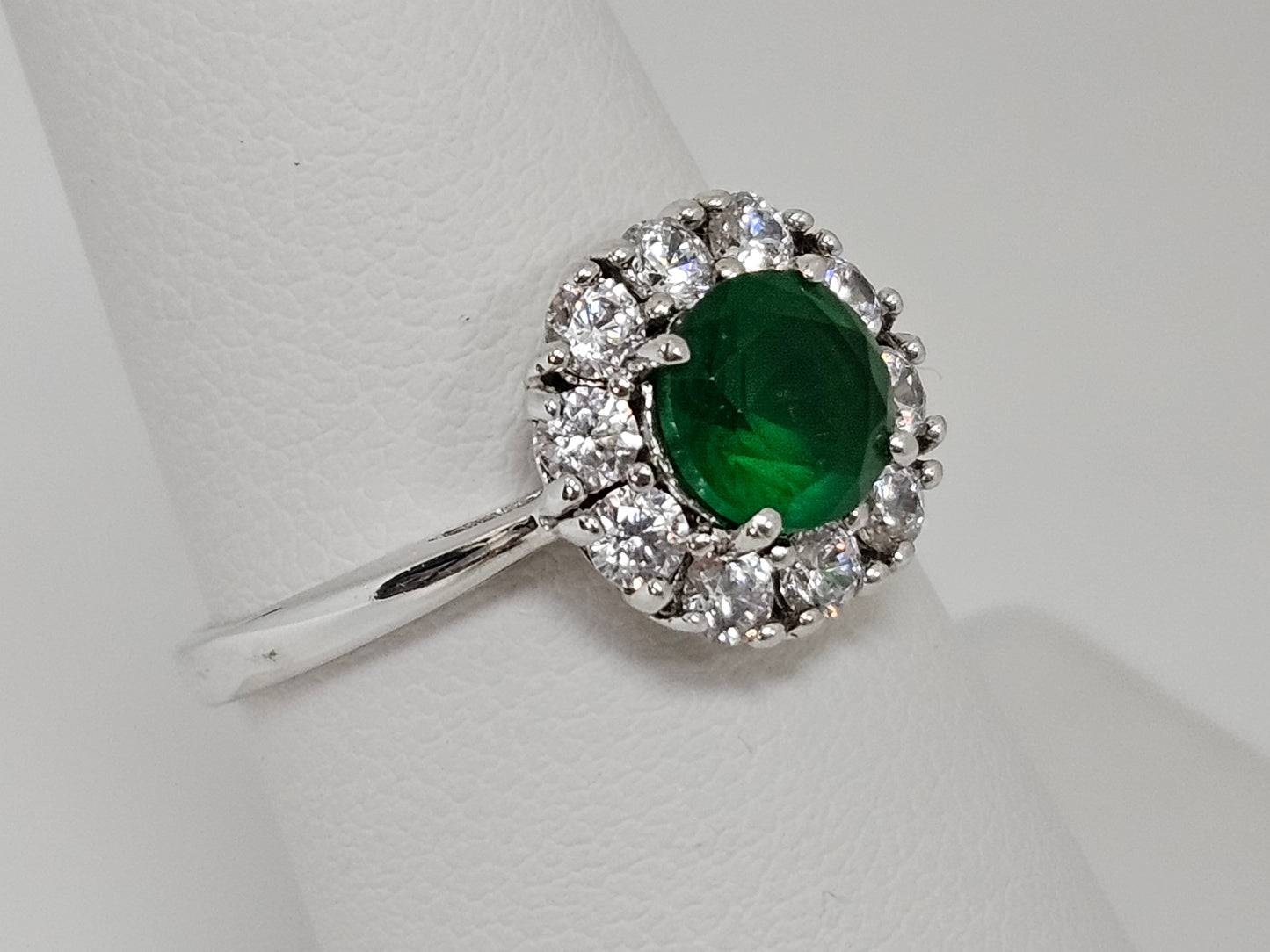 SS CZ Green Stone Halo Ring Sz7