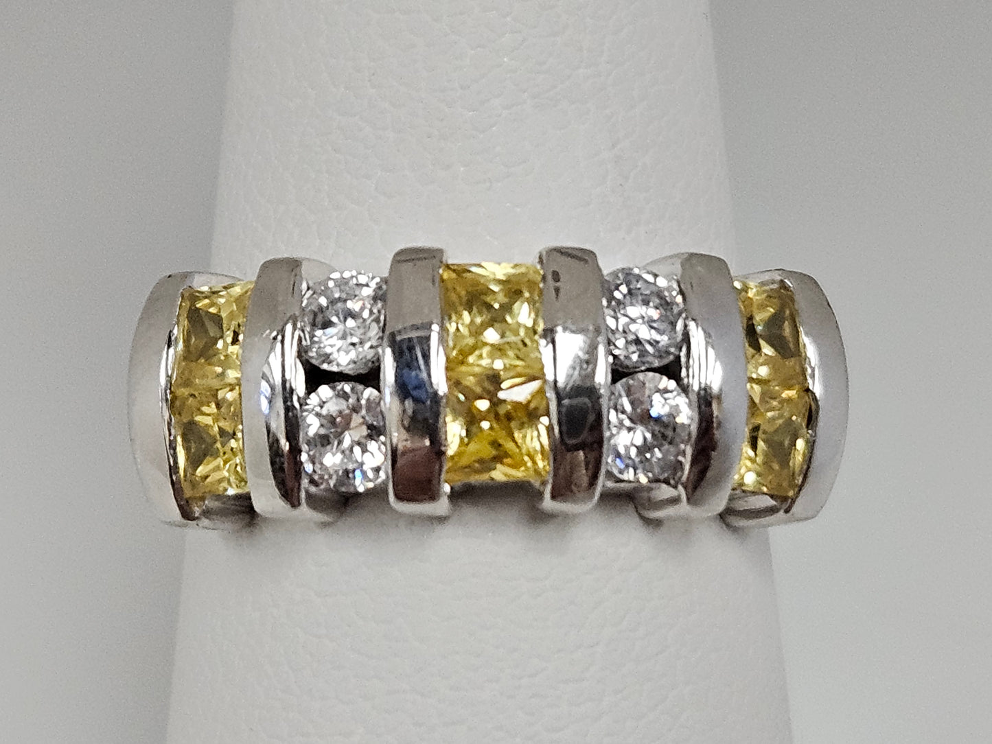 SS CZ White/Yellow Stone Bar Set Ring Sz6.5