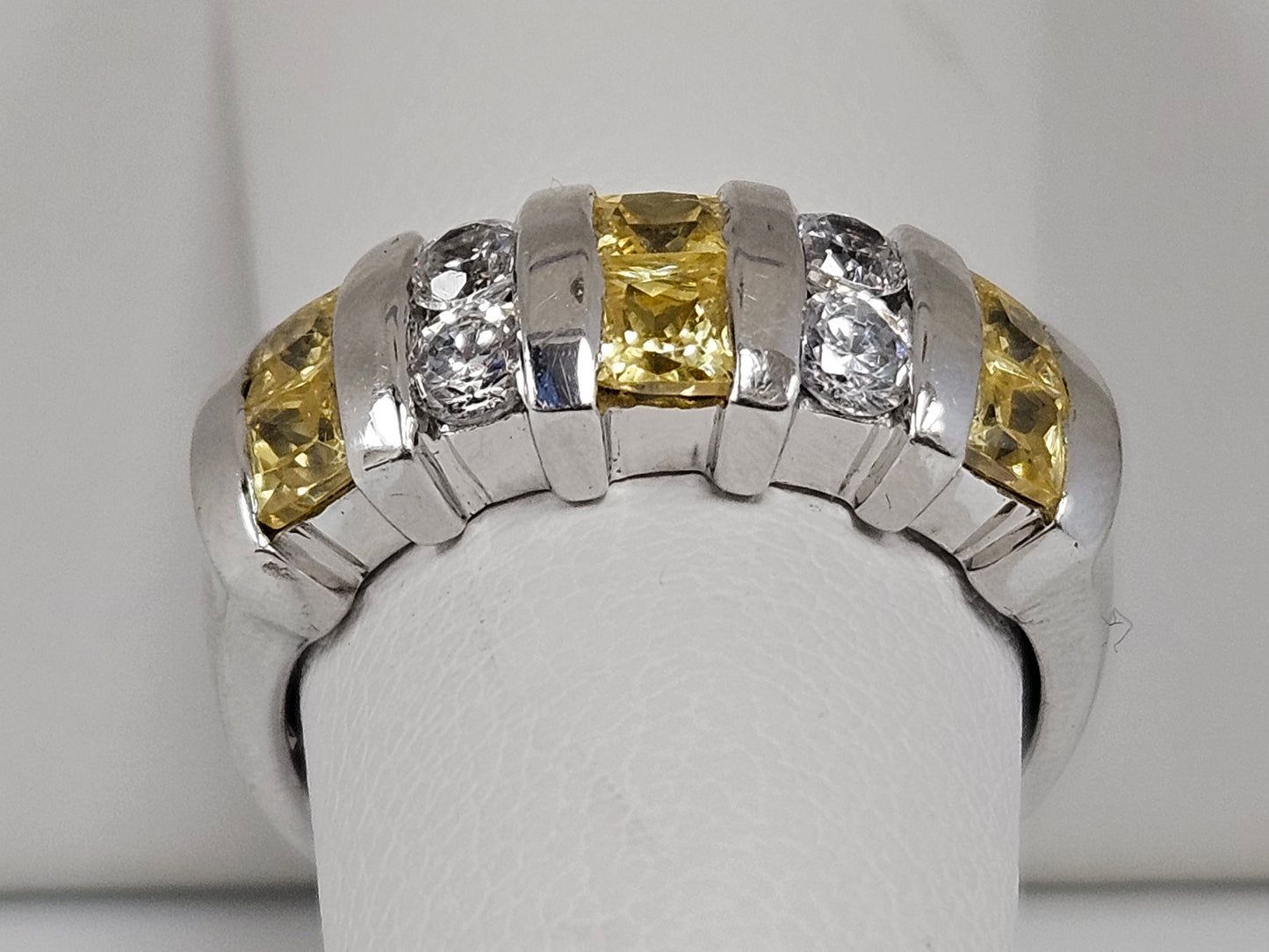 SS CZ White/Yellow Stone Bar Set Ring Sz6.5