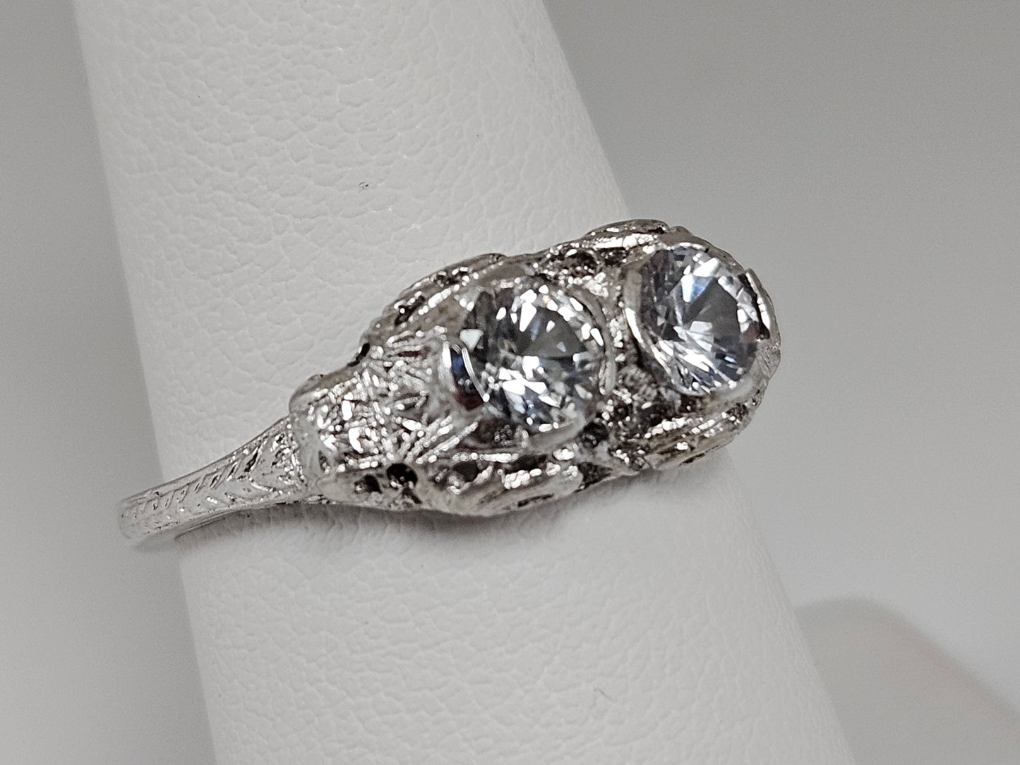 SS CZ 2 Stone Vintage Ring Sz7.5