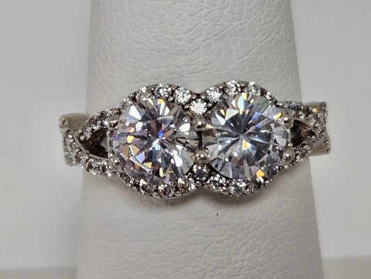 Sterling Silver CZ 2 Stone Halo Ring Sz6.25