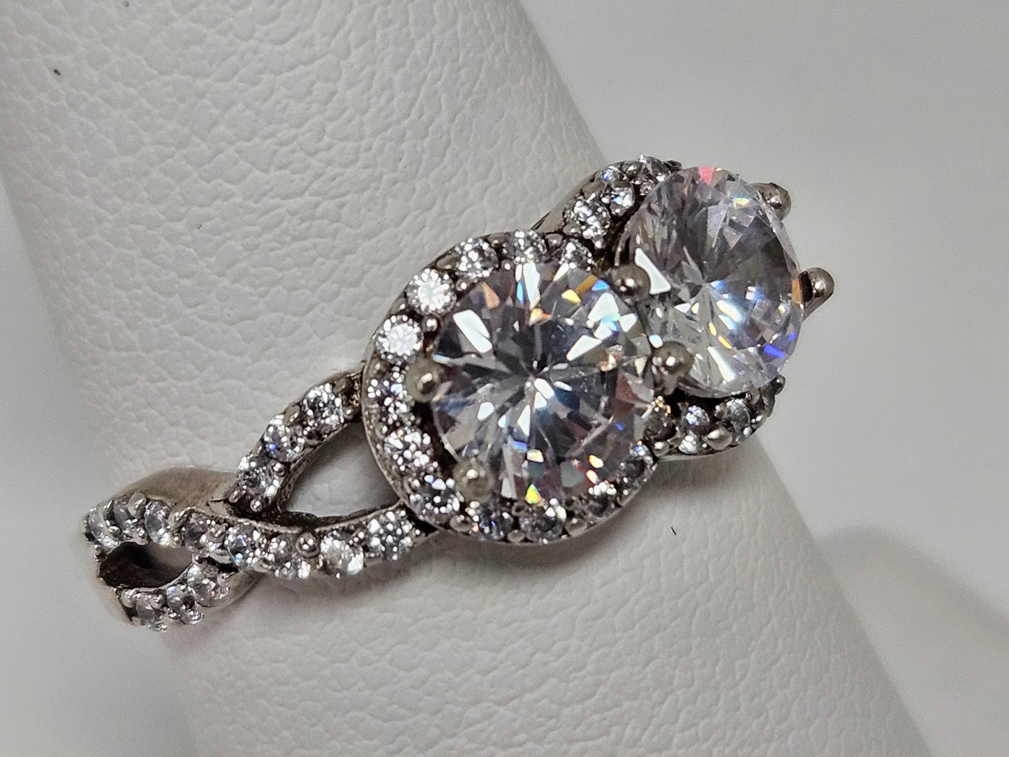 Sterling Silver CZ 2 Stone Halo Ring Sz6.25