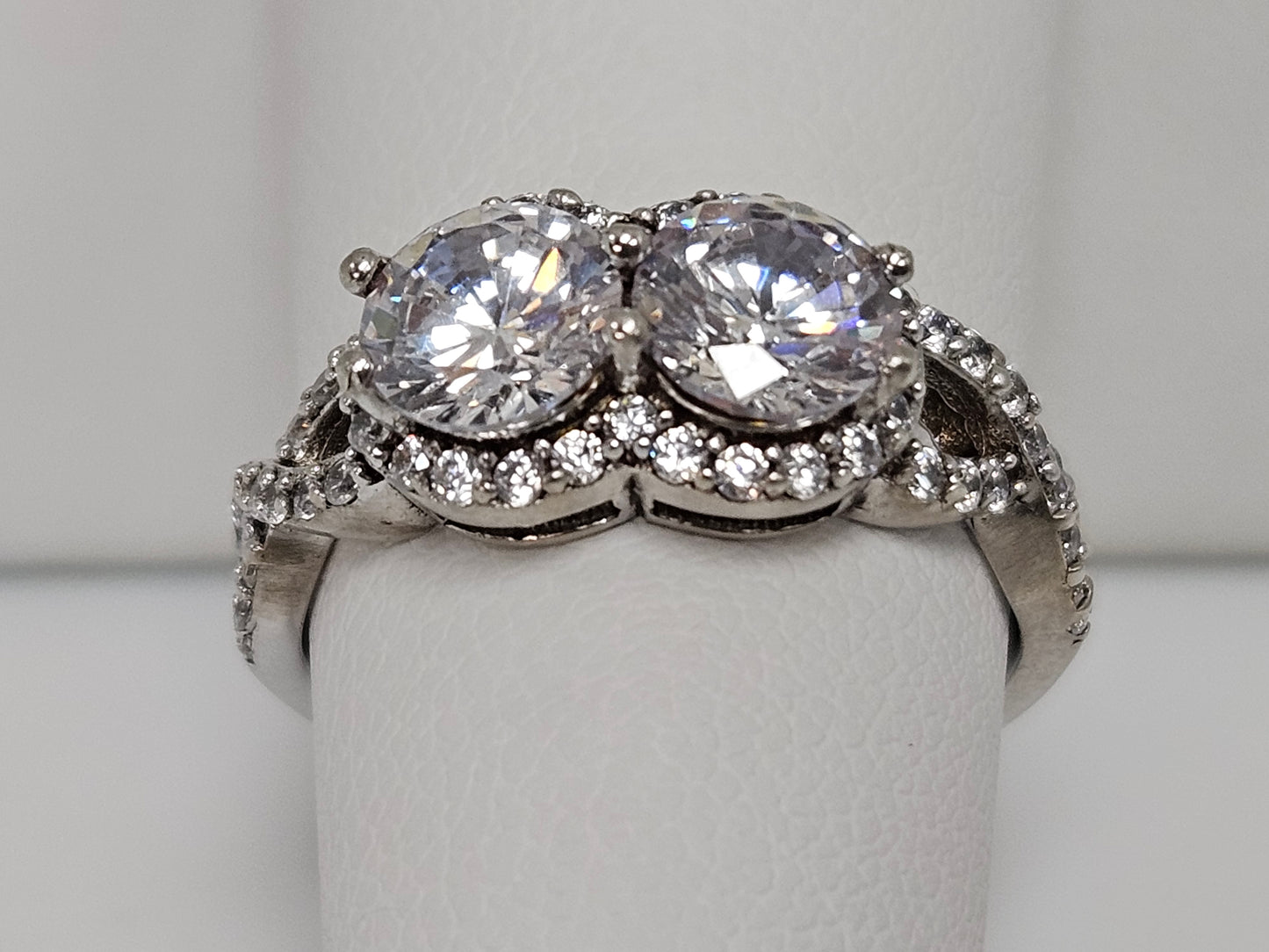 Sterling Silver CZ 2 Stone Halo Ring Sz6.25