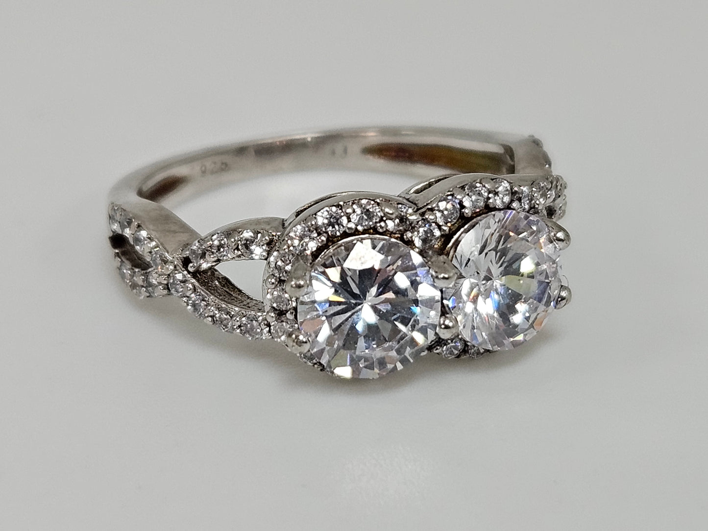 Sterling Silver CZ 2 Stone Halo Ring Sz6.25