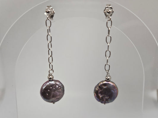 Black Coin Pearl Drop Earrings SS Post Dangle
