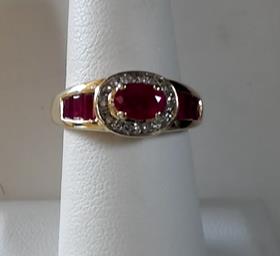 1CT RUBIES .36CT DIA 14KT YG RUBY OVAL HALO RING