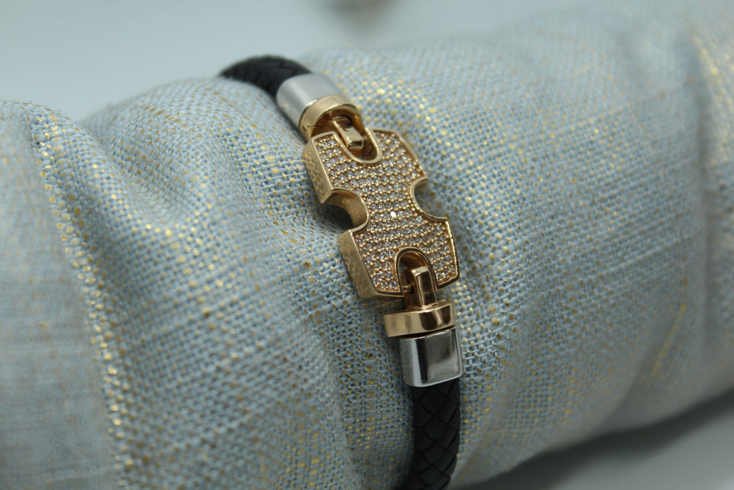 .85CT Diamond TW 14K RG Black Leather Bracelet