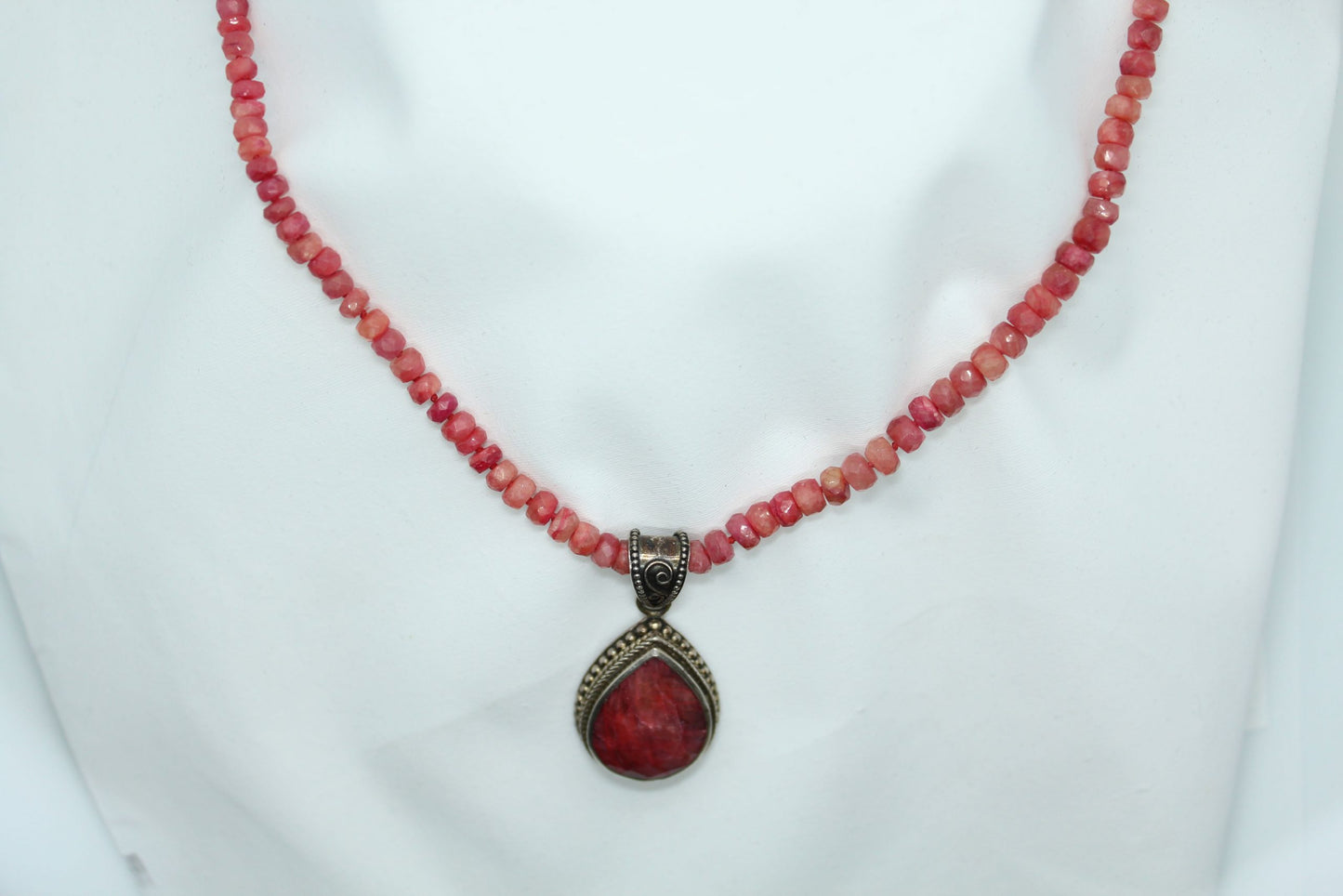 Sterling Silver Ruby Beaded Necklace with Pendant