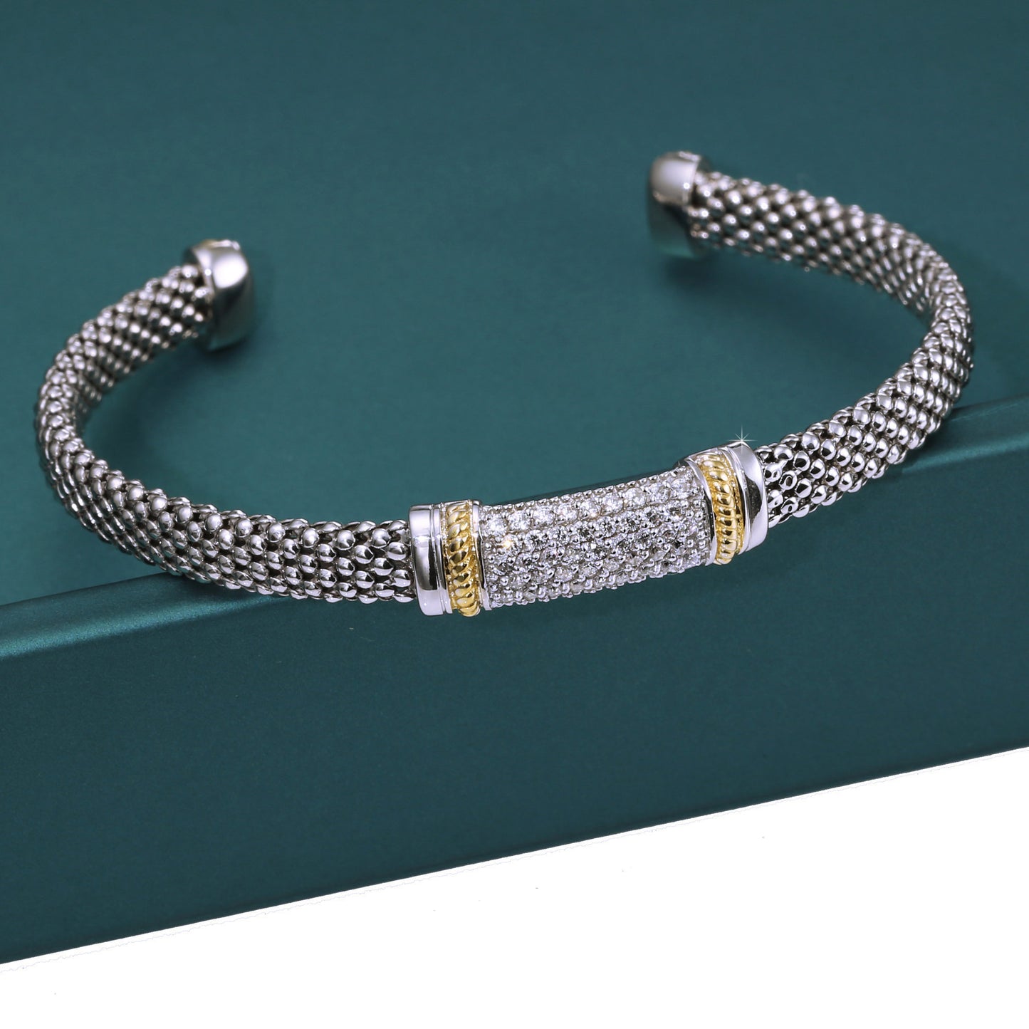 Italian Cuff Bracelet in Sterling Silver, Slip On Bangle with Gold Accents, Fits 7 and 8 inch wrist