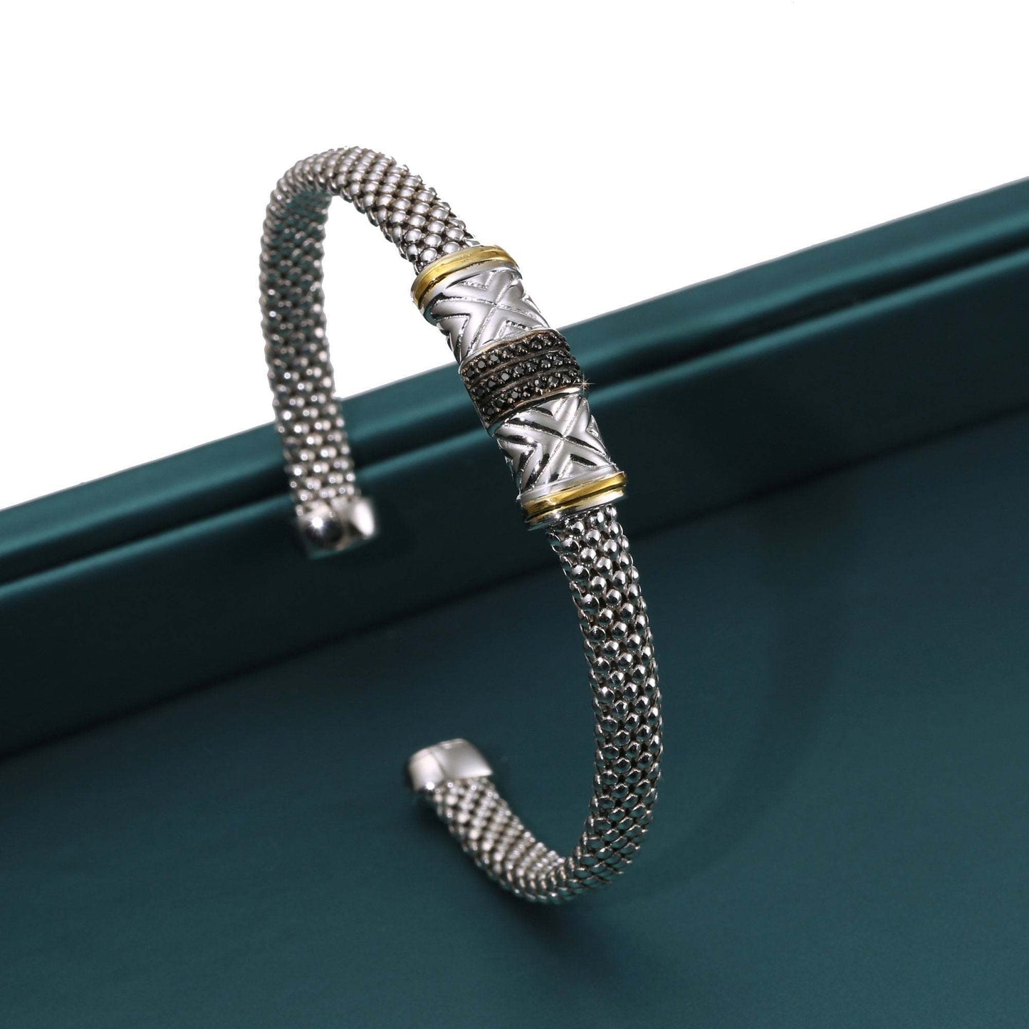Black Stone Italian Cuff Bracelet in Sterling Silver, Slip On Bangle with Gold Accents, Fits 7 and 8 inch wrist