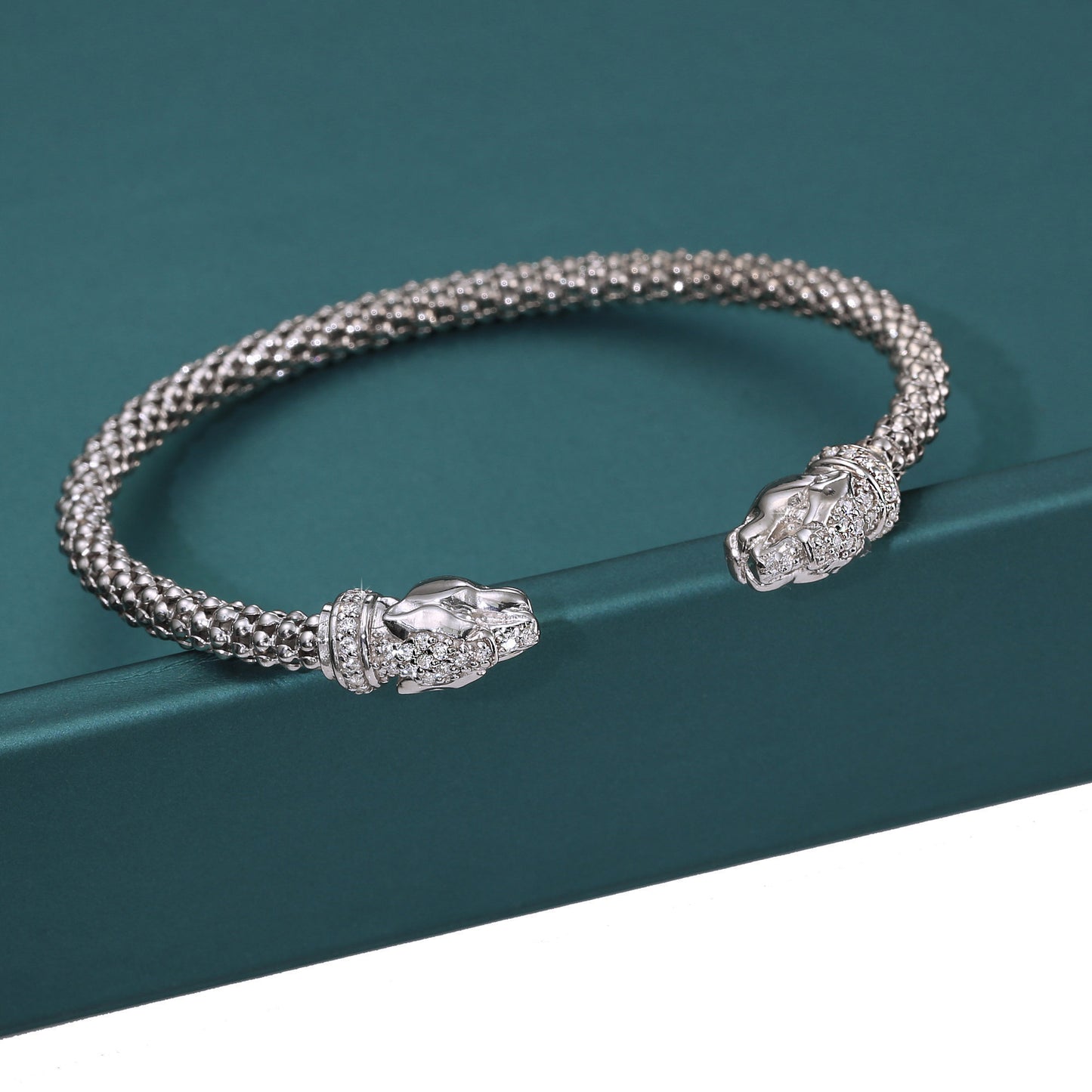 Jaguar Cuff Bracelet in Sterling Silver, Slip On Bangle with Cz Stones, Fits 6 and 7 inch wrist