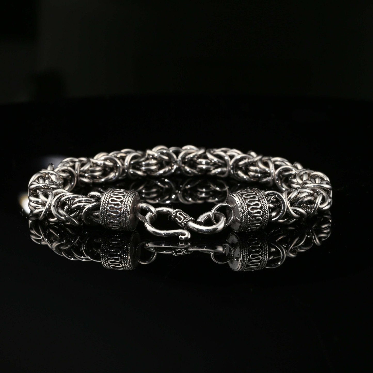Dark Sterling Silver Handmade Byzantine Chain Bracelet with Hook Clasp, 8.5", Unisex