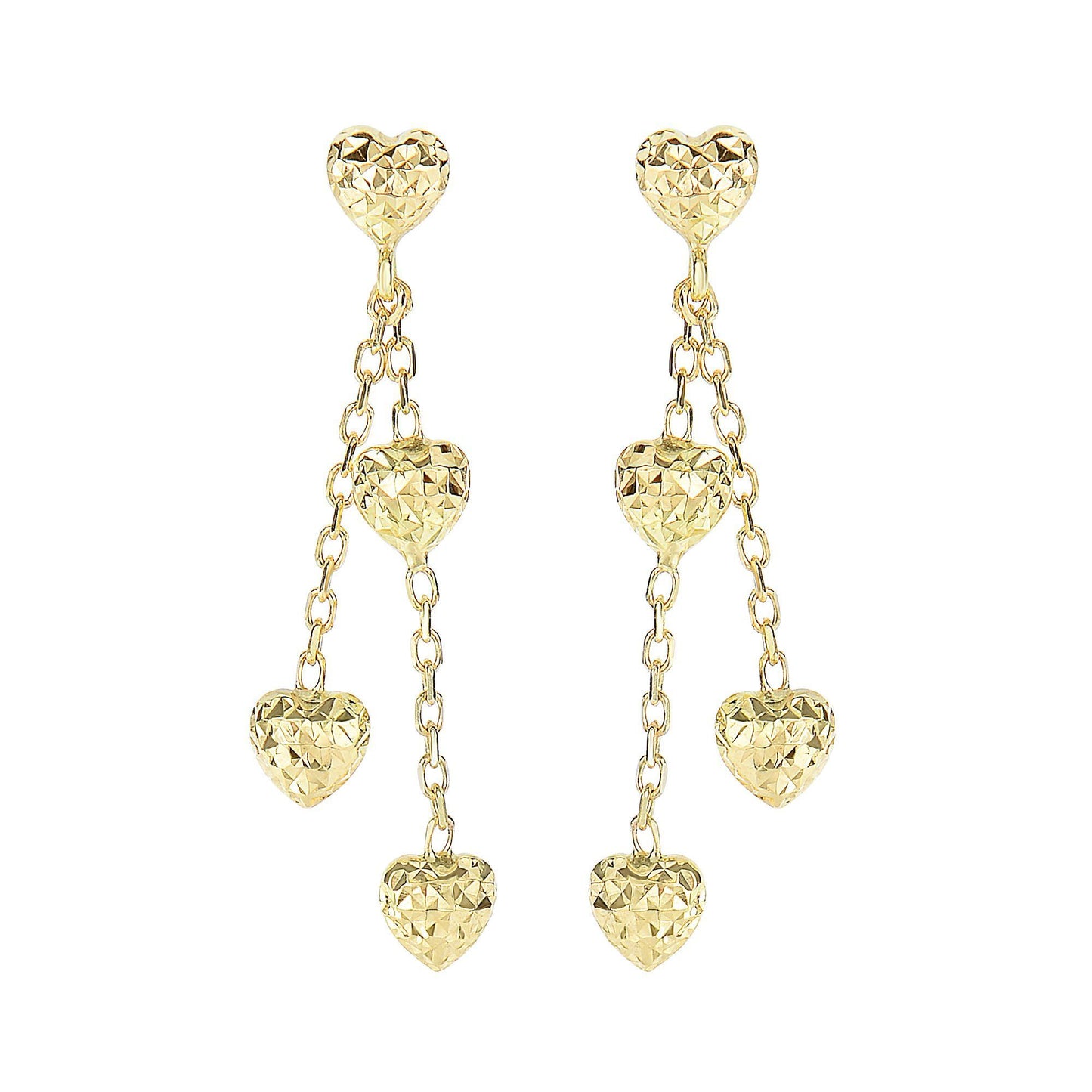 14Kt Yellow Gold Diamond Cut 5.1X35mm Puffed Heart Post with 3-Hanging Puffed Heart On Double Strand Cable Chain Drop Earring with Push Back Clasp