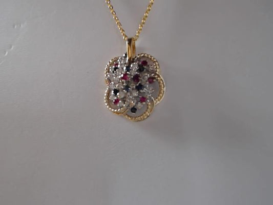 .75CT TW 14KT YG RED, WHITE & BLUE PENDANT NO C