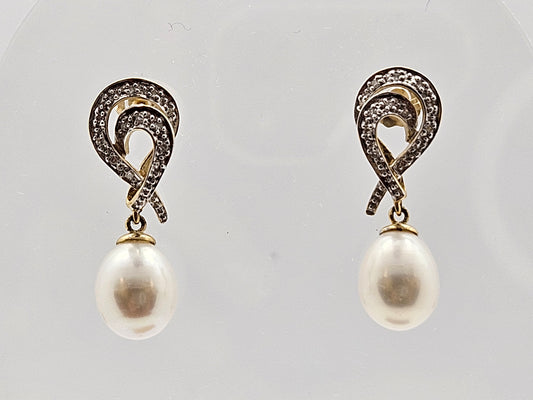 14KT YG Pearl and Diamond Swirl Earrings