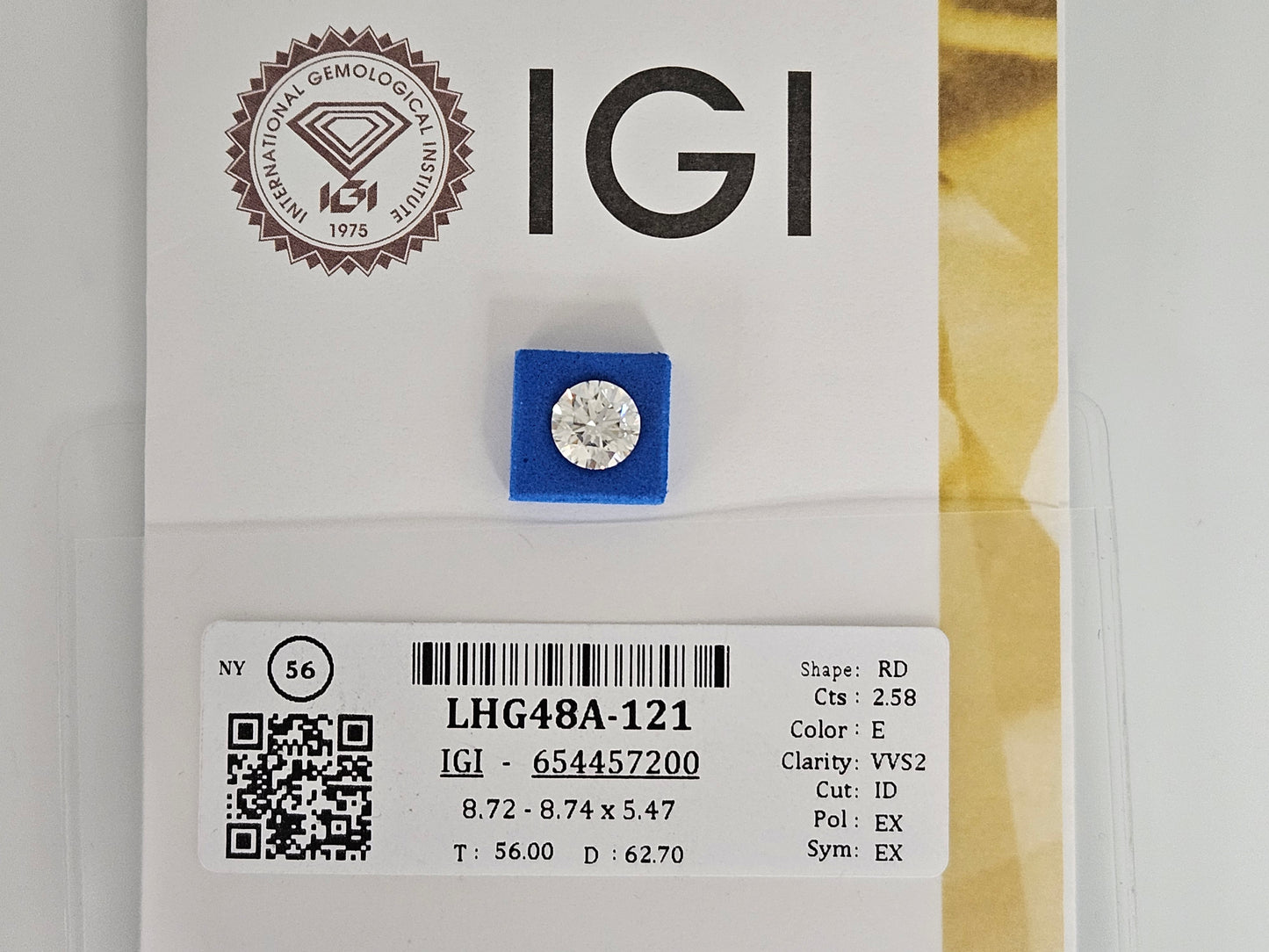 LOOSE LAB RD DIA 2.58CT IGI E/VVS2