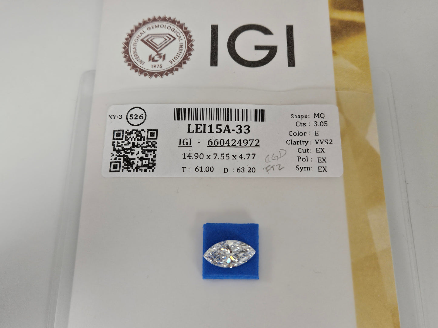 LOOSE LAB MQ DIA 3.05CT IGI E/VVS2