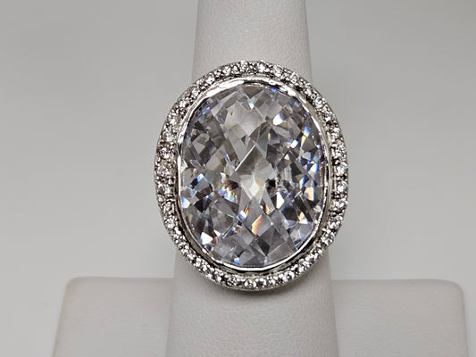 SS OV Checker Board CZ HALO RING Sz6