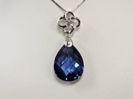 Lab Saph Briolette Pendant W/.50mm Box Chain 14ktwg 18" 4 Dia -.02pt