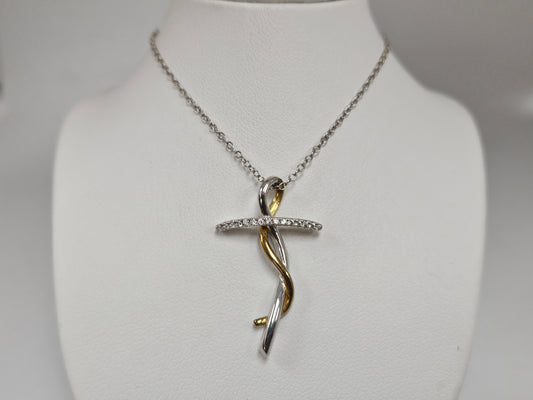 2Tone Twist Cross Pend CZ 16" Chain W/Extender