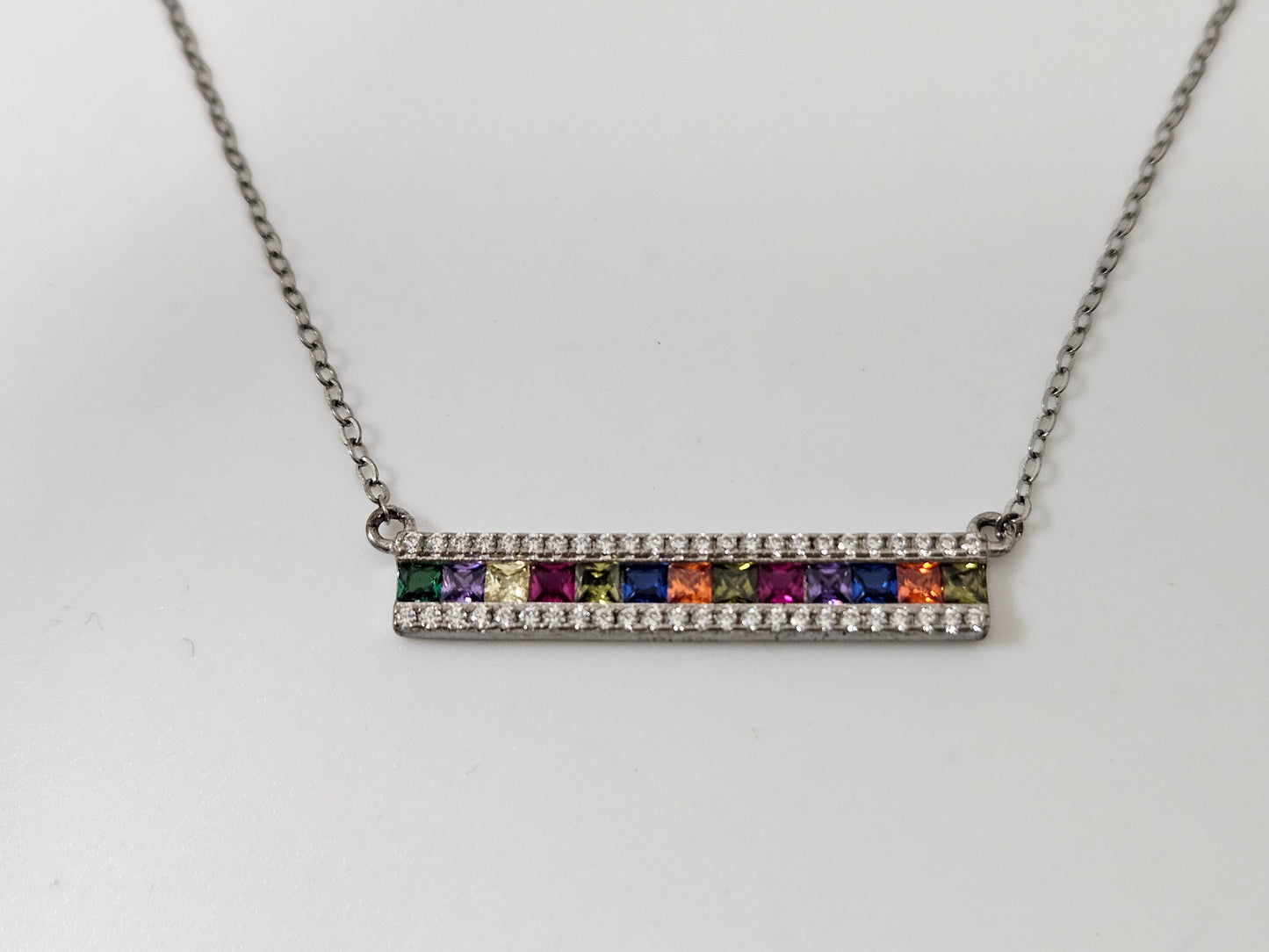 SS Rainbow Bar Necklace CZ 16"+ 2" Extend