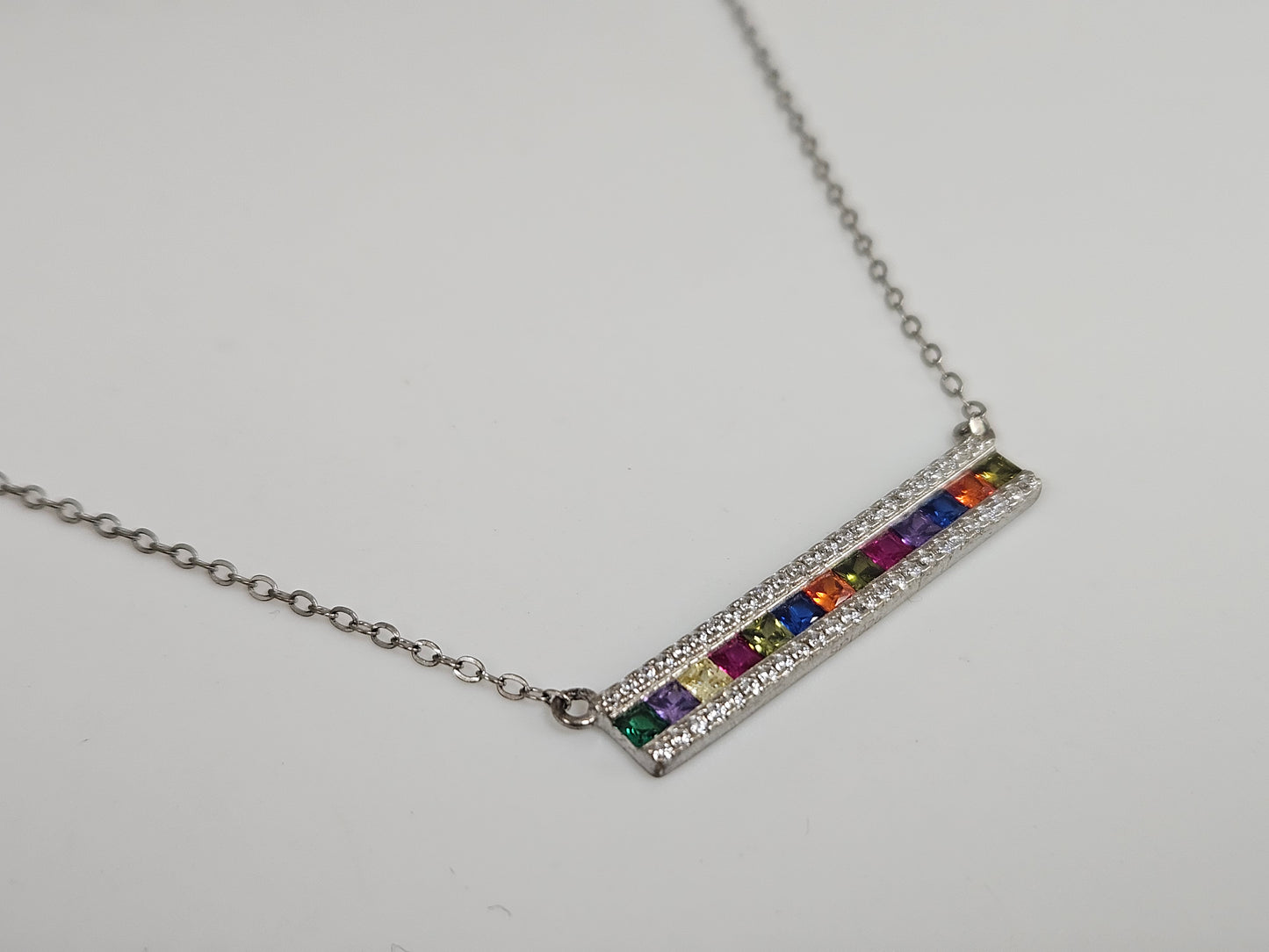 SS Rainbow Bar Necklace CZ 16"+ 2" Extend