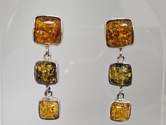 SS AMBER DANGLE 3 STN EARRING POST BACK