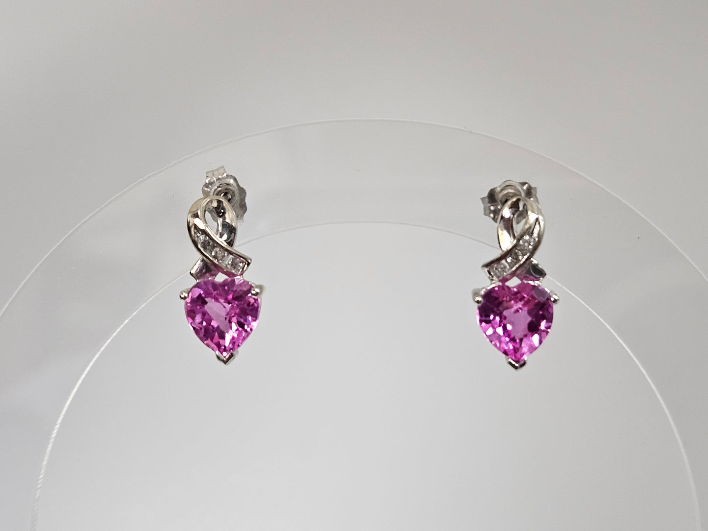 Pink Saph Heart Earrings w .06ct Dia Accents 10kt WG (Breast Cancer)