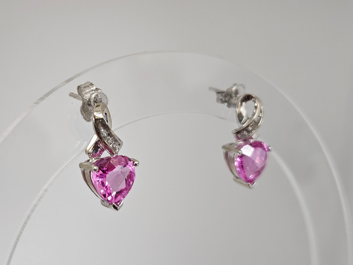 Pink Saph Heart Earrings w .06ct Dia Accents 10kt WG (Breast Cancer)
