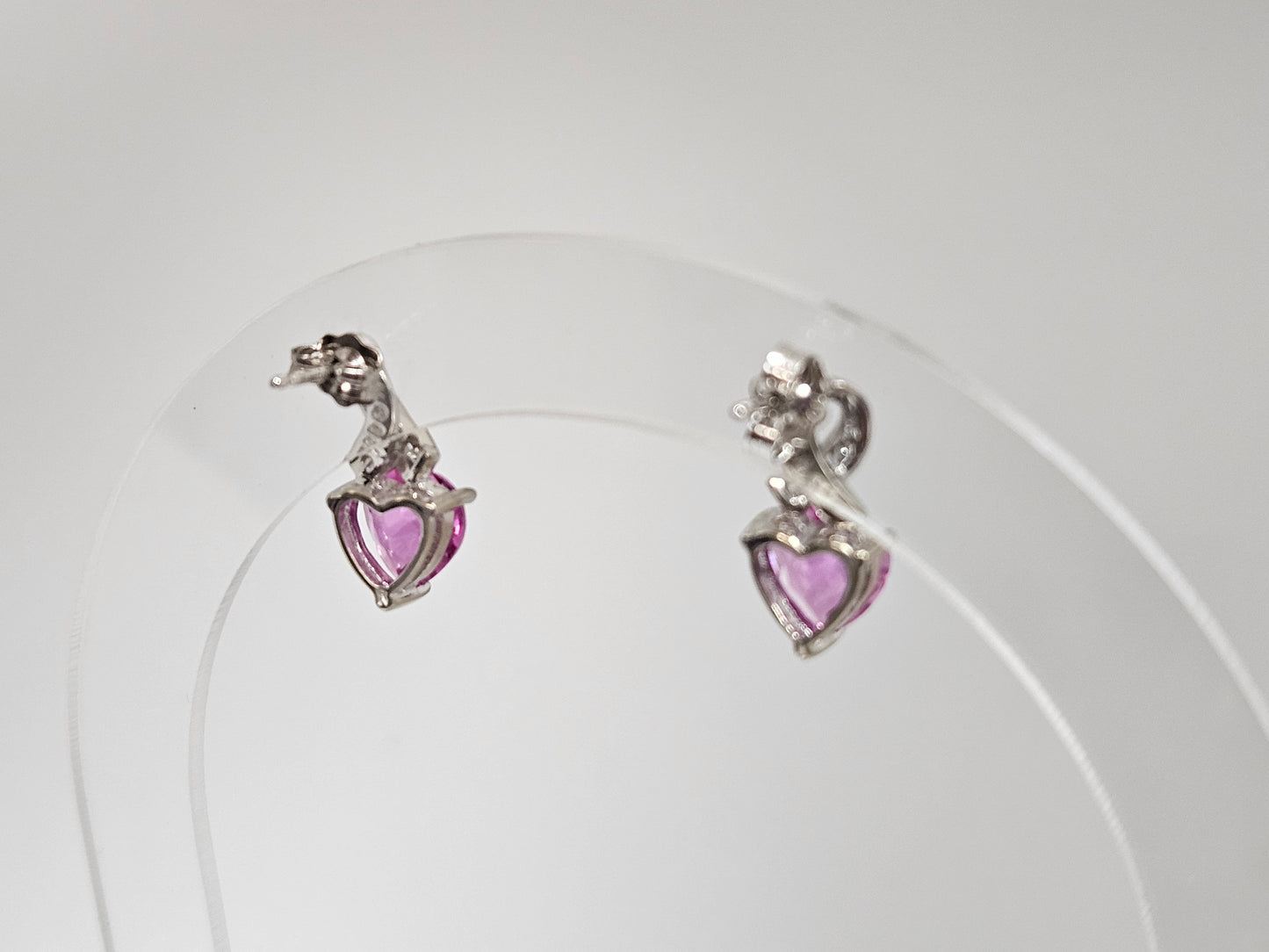 Pink Saph Heart Earrings w .06ct Dia Accents 10kt WG (Breast Cancer)