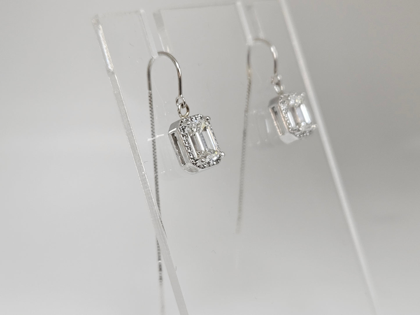 Emerald Cut Halo 2.25cttw Dia Threader earring 14KWG 2.6g