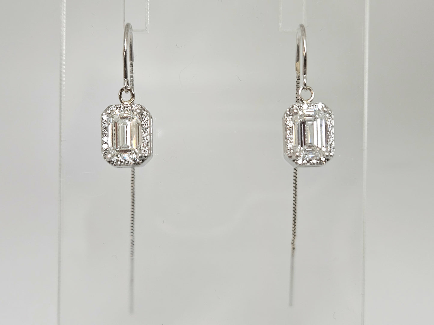 Emerald Cut Halo 2.25cttw Dia Threader earring 14KWG 2.6g