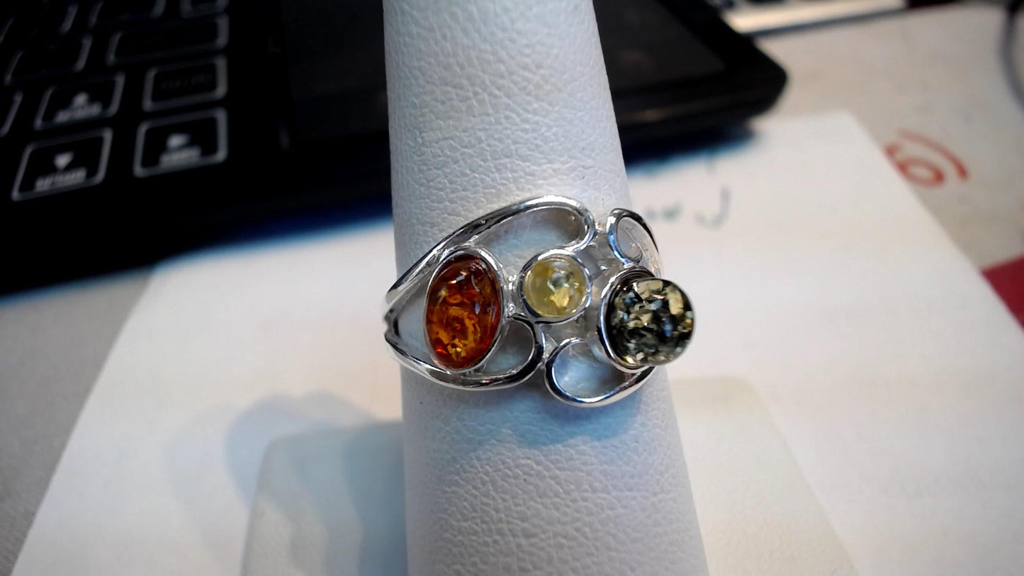 SS RING W/AMBER SCROLL