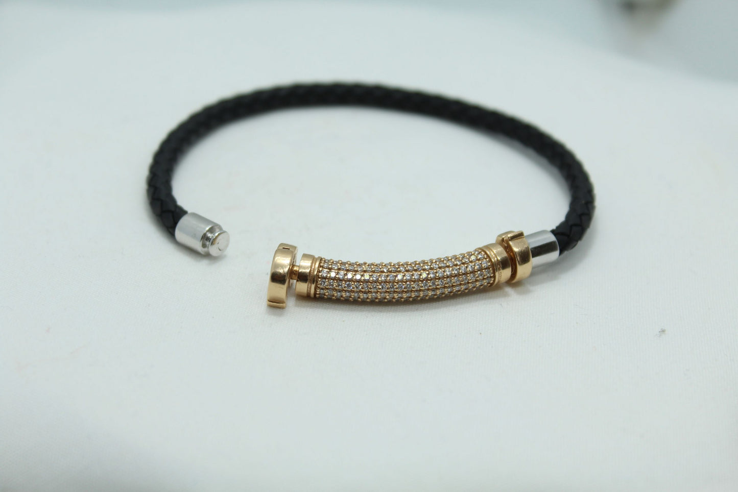 1.79CT Diamond TW 14KT RG Black Leather Bracelet