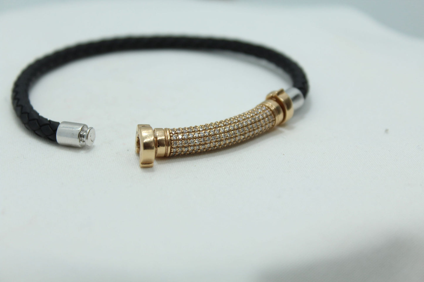 1.79CT Diamond TW 14KT RG Black Leather Bracelet