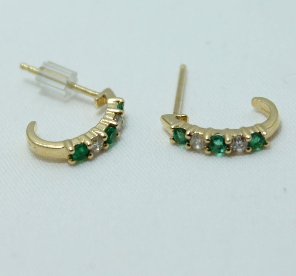 Emerald & Diamond half hoop earrings .12CT Diamond TW .30CT Emerald TW 14KT
