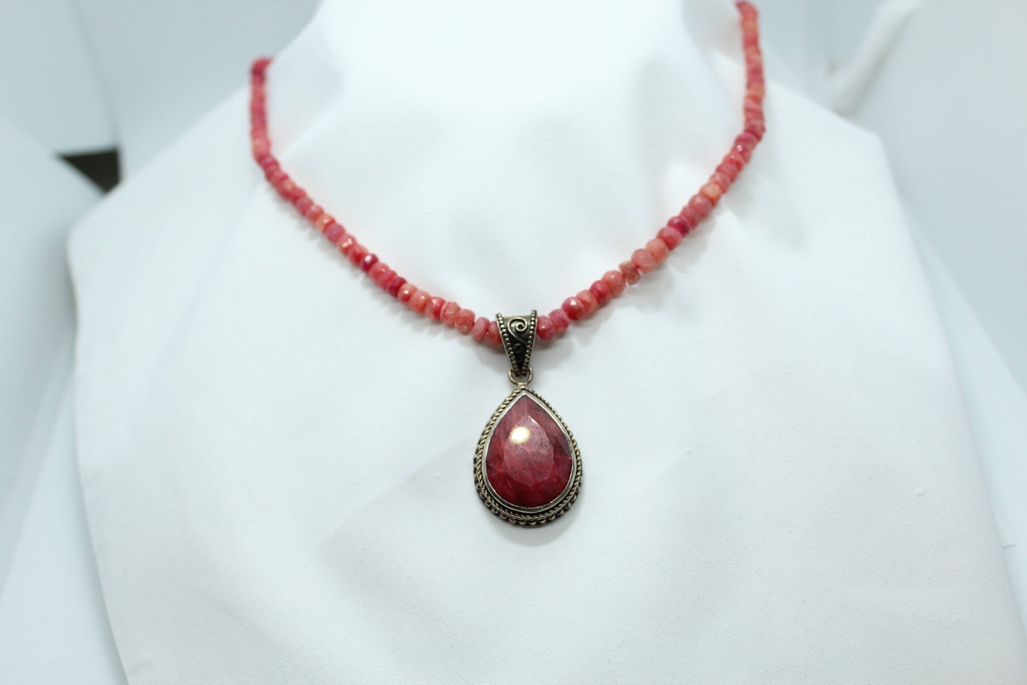 Sterling Silver Ruby Beaded Necklace with Pendant