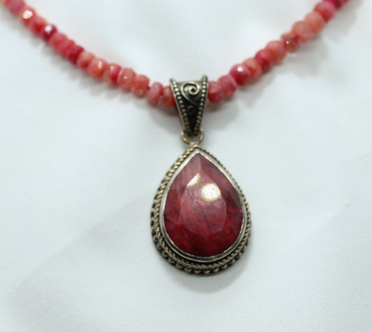 Sterling Silver Ruby Beaded Necklace with Pendant