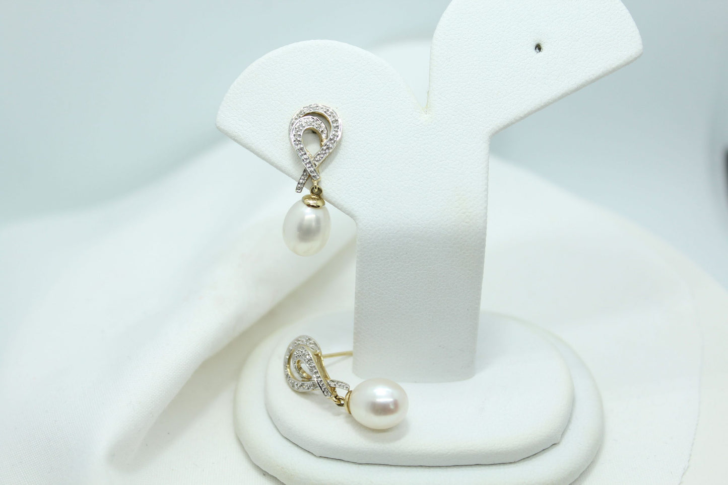 14KT YG Pearl and Diamond Swirl Earrings