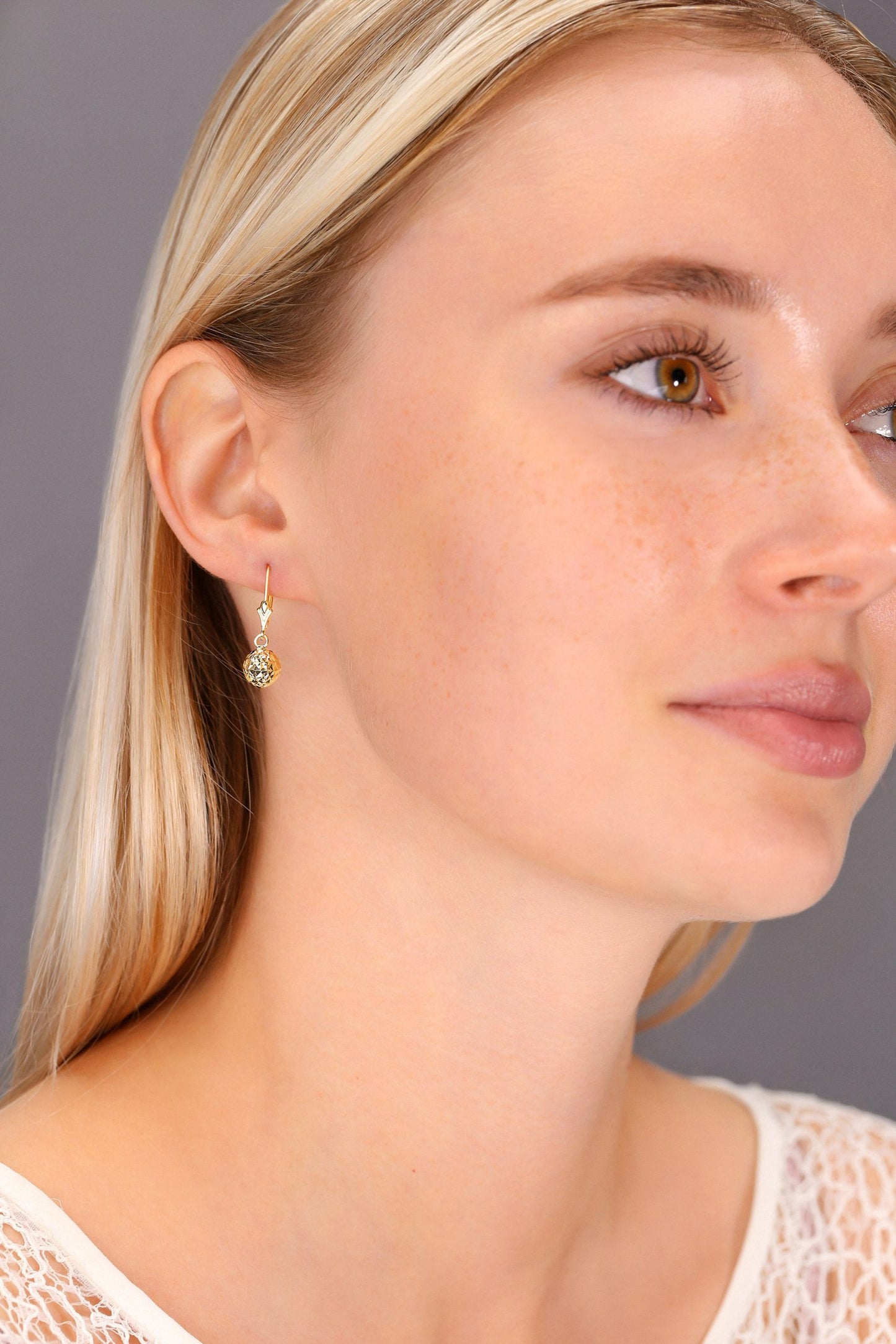 Pure Gold Sparkle Ball Dangle Earrings in 14K Gold, Hand Engraved Diamond Cuts
